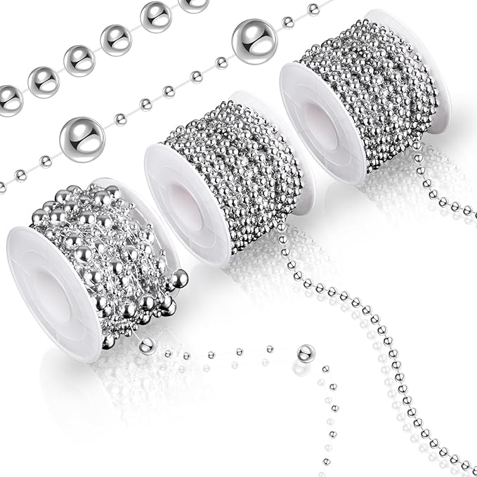 Bonuci 3 Rolls 66 Feet Pearls String Garland Faux Pearl Garland Spool Roll Strand Decoration Artificial Beads Chain Trim for Crafting String of Flowers Valentine Wedding Party(Silver,4mm)