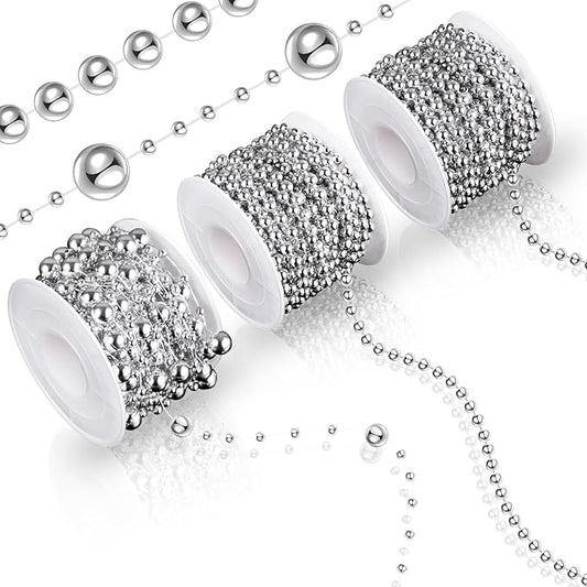 Bonuci 3 Rolls 66 Feet Pearls String Garland Faux Pearl Garland Spool Roll Strand Decoration Artificial Beads Chain Trim for Crafting String of Flowers Valentine Wedding Party(Silver,4mm)