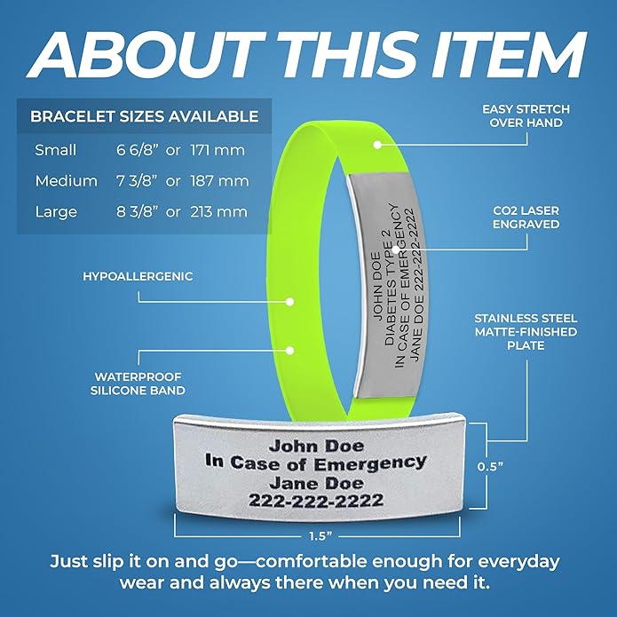 Personalized Medical Alert Bracelet for Men & Women – Custom Engraved Waterproof Silicone Wristband with Stainless Steel ID Plate – Medical ID Bracelet for Allergies, Conditions, ICE Info & Emergency Card