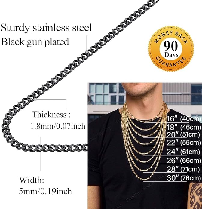 FindChic Men Curb Chain Necklace 18K Gold Plated/Stainless Steel/Black Chunky Double Tight Cuban Link Hip Hop Neck Chains for Men Boys 3.5MM/5MM/6MM/7MM/9MM/12MM 14''-30'' 8 Length Options (Send Gift Box)