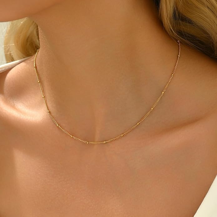 Dainty Chain Necklace for Women, 18K Gold Plated Coin Disc Choker Necklaces Simple Satellite Beaded Twisted Thin Paper Clip Chain Everyday Jewelry Gifts