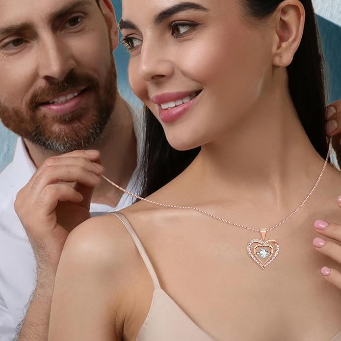 Heart Pendant Necklaces for Women 14K Rose Gold Plated with Birthstone Zirconia,Christmas Birthday Anniversary Jewelry Gift for Women Wife Her 18+2 inch