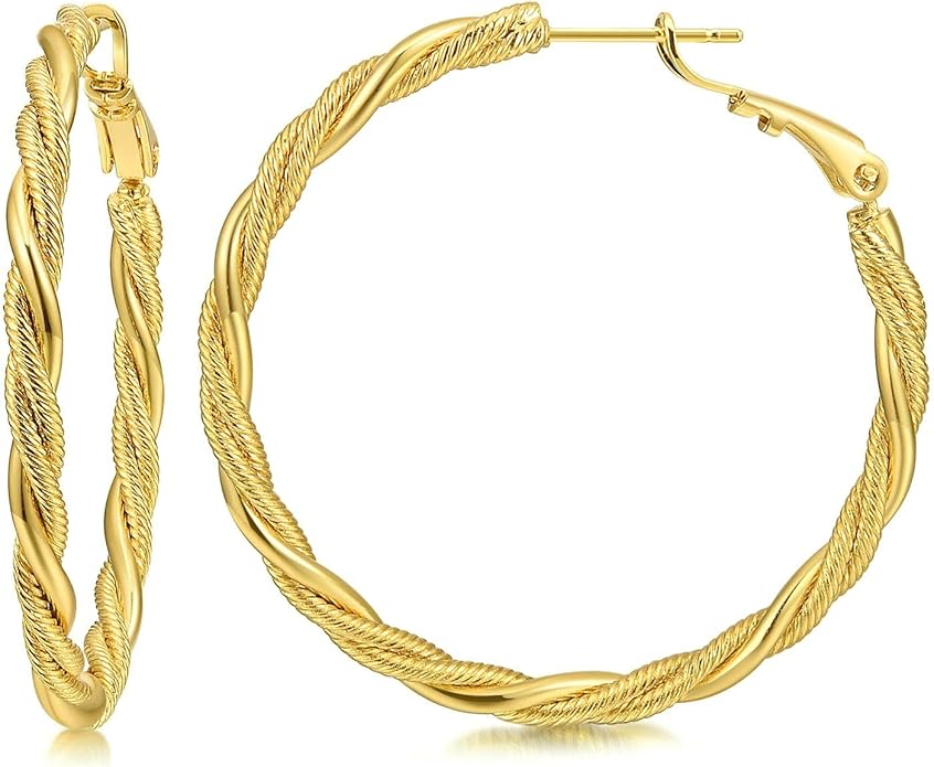 AllenCOCO Gold Hoop Earrings for Women, 18K Gold Plated Twisted Rope Design, Textured Thin Round Hoops with Sterling Silver Post Hypoallergenic 20-70mm