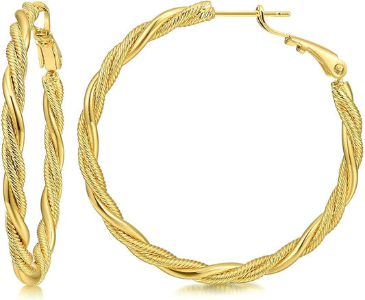 AllenCOCO Gold Hoop Earrings for Women, 18K Gold Plated Twisted Rope Design, Textured Thin Round Hoops with Sterling Silver Post Hypoallergenic 20-70mm