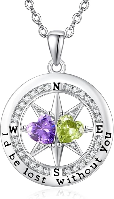 Compass Birthstones Necklace for Women, Exquisite Anniversary Birthday Gifts for Wife Her Double Birthstone Pendant jewelry ‘I'd be Lost Without You’