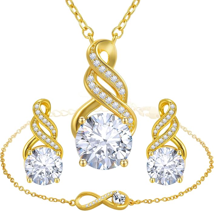 HNPHQT Jewelry Sets for Women-18K Gold Plated Dainty Birthstone Pendant,Trendy Necklace Earrings Infinity Bracelets Set,Ideal Jewelry Gifts for Her Mom
