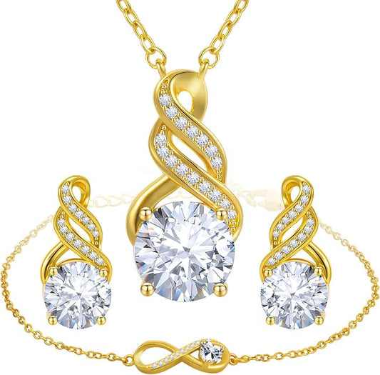 HNPHQT Jewelry Sets for Women-18K Gold Plated Dainty Birthstone Pendant,Trendy Necklace Earrings Infinity Bracelets Set,Ideal Jewelry Gifts for Her Mom
