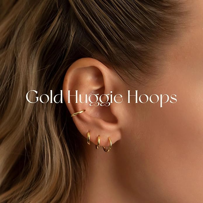 Small Gold Hoop Huggie Earrings Set for Women Non Tarnish 14K Gold Plated Lightweight Cartilage Earring Pack for Multiple Piercings for Sensitive Ears for Christmas Gifts