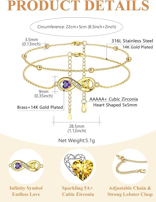 Custom4U Personalized Infinity Ankle Bracelets for Women 925 Sterling Silver Anklet Bracelet Endless Love Symbol Birthstone Charm Adjustable Foot Chain Jewelry Mothers Day Gifts for Mom Wife Women Her