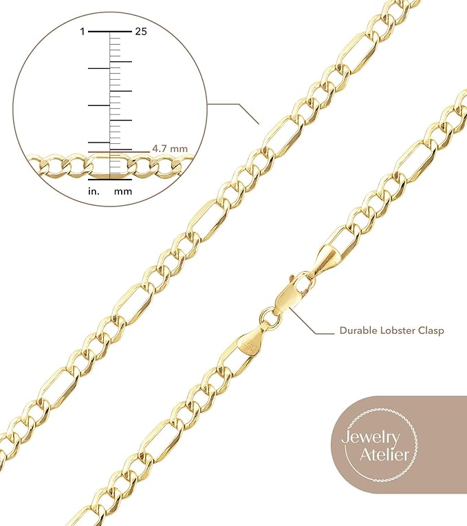 Jewelry Atelier Gold Chain Necklace Collection - 14K Solid Yellow Gold Filled Figaro Chain Necklaces for Women and Men with Different Sizes (2.8mm, 3.7mm, 4.7mm, 5.6mm)