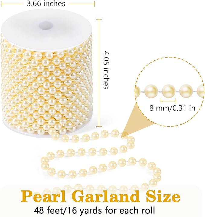 48 Feet Faux Pearl Garland, 8mm Pearl String Roll Strands, Extended String of Pearls Garland for Christmas Tree Wedding Party Decoration Centerpieces Flowers DIY Crafts (Ivory)