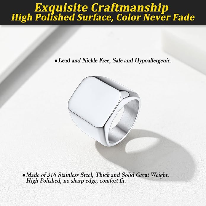 Bestyle Stainless Steel Signet Ring for Men Women in Gold/Black/Silver/Vintage Gray Tone, Chunky Thick Heavy Dome Band Ring Cool Finger Ring, Gift for Dad Husband, Size 7-14 Customizable