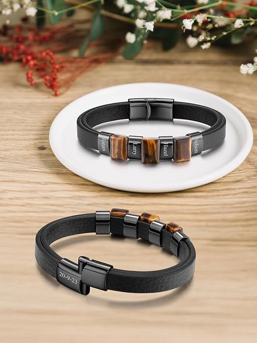 Leather Beads Bracelet Personalized Custom Bracelets for Men Leather Engraved Tiger Eye Initial Beacelet Gift for Husband Dad Mens Jewelry Gifts Valentines Christmas Birthday Fathers Day