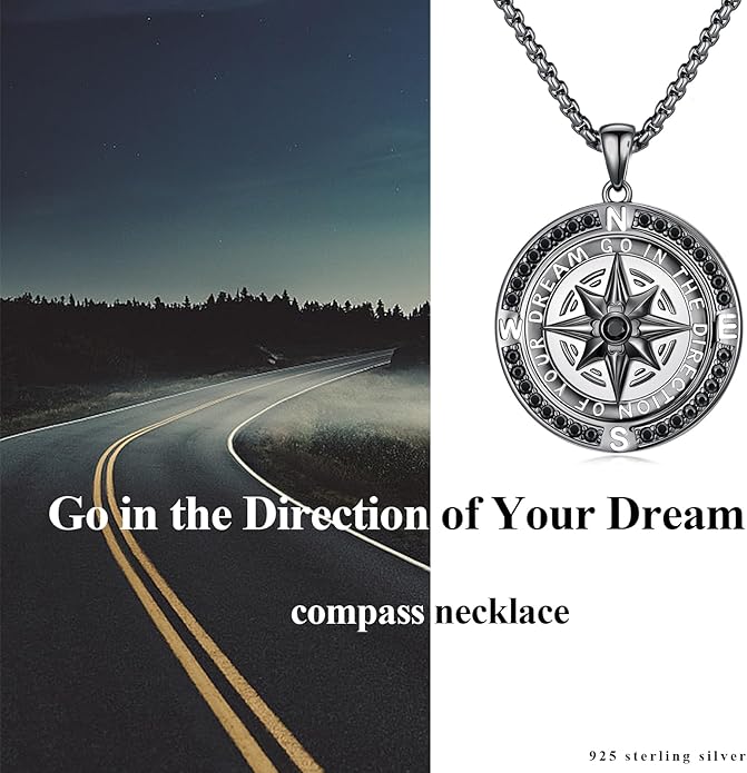 Go in the Direction of Your Dream Compass Necklace for Men 925 Sterling Silver Nautical Jewelry Inspiration Friendship Graduation Retirement Farewell Goodbye Gifts for Him (Adjustable Chain 22"+2")