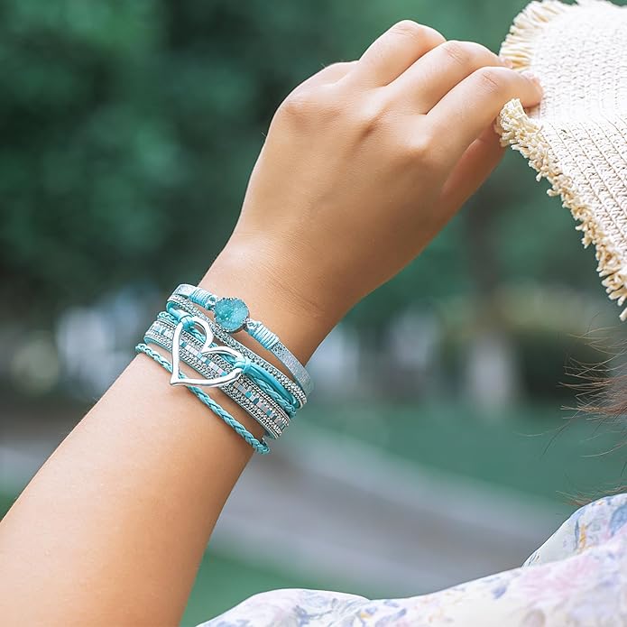 FANCY SHINY Heart Leather Wrap Bracelets Stackable Boho Cuff Bangles Trendy Resin Stone Rhinestone Bracelets with Magnetic Clasp for Women