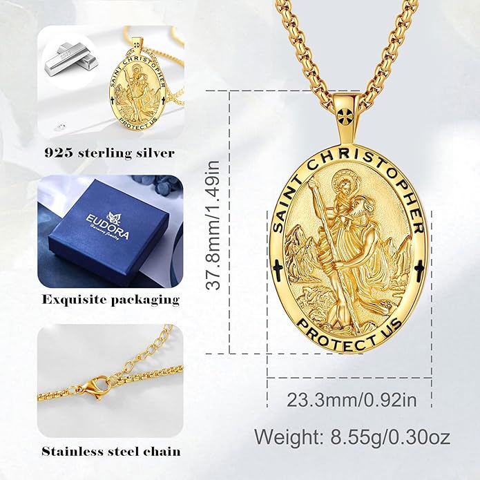 EUDORA 925 Sterling Silver St Christopher/St Benedict/St Michael/Virgin Mary/San Judas Tadeo/Good Shepherd Cross/Archangel Necklace Medal Pendant Protection Religious Amulet Jewelry For Men Women