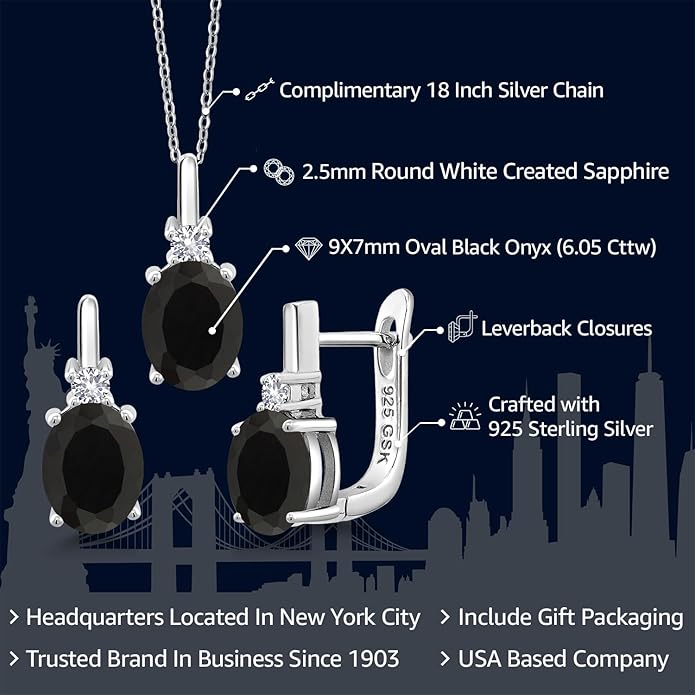 Gemstone Birthstone and White Created Sapphire Pendant and Earrings Jewelry Set for Women in 925 Sterling Silver | Oval 8X6MM and Round 2.5MM | With 18 Inch Chain | Fine Jewelry for Her Mom Women Wife