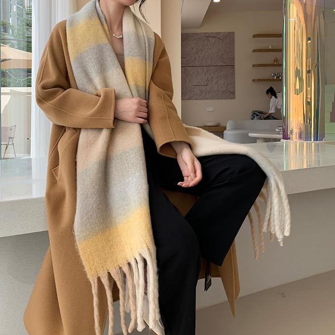 SHOHOKU Large Chunky Plaid Scarf Coloured Checked Oversized Scarf Tassel Soft Fall Winter Thick Warm Shawl Women
