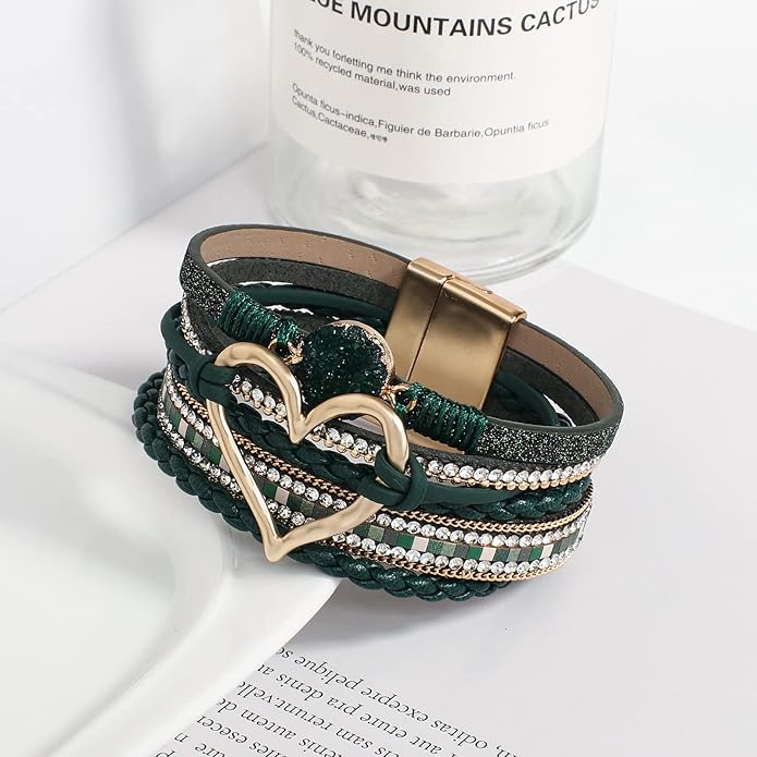 Leather Wrap Bracelet for Women Beaded Cuff Bracelet with Heart-shape Decor Bohemian Crystal Bracelet Jewelry with Clasp Bangle Bracelet for Women Girls Birthday Holiday Gift