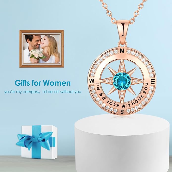 Zifeel Compass Necklace Gifts for Women wife - S925 Sterling Silver Birthstone Necklaces for Women - Anniversary Birthday Gifts for Her Wife Girlfriend - Valentines Mom Mothers Day Christmas Gifts Jewelry for Women