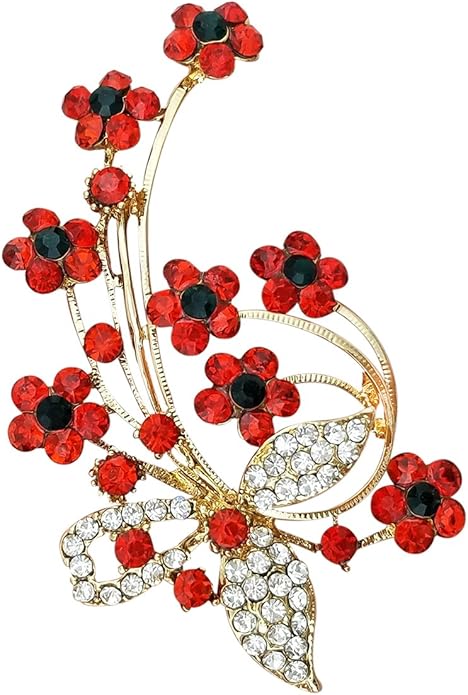 YOQUCOL Red Colour Zircon Crystal Poppy Flower Bouquet Shape Brooch Pins for Woman Gift