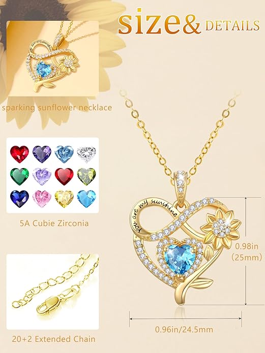 14K Gold Sunflower Heart Necklace for Women, You Are My Sunshine Jewelry with Birthstone Pendant, Anniversary Birthday Gifts for Her Wife Mom Grandma Daughter