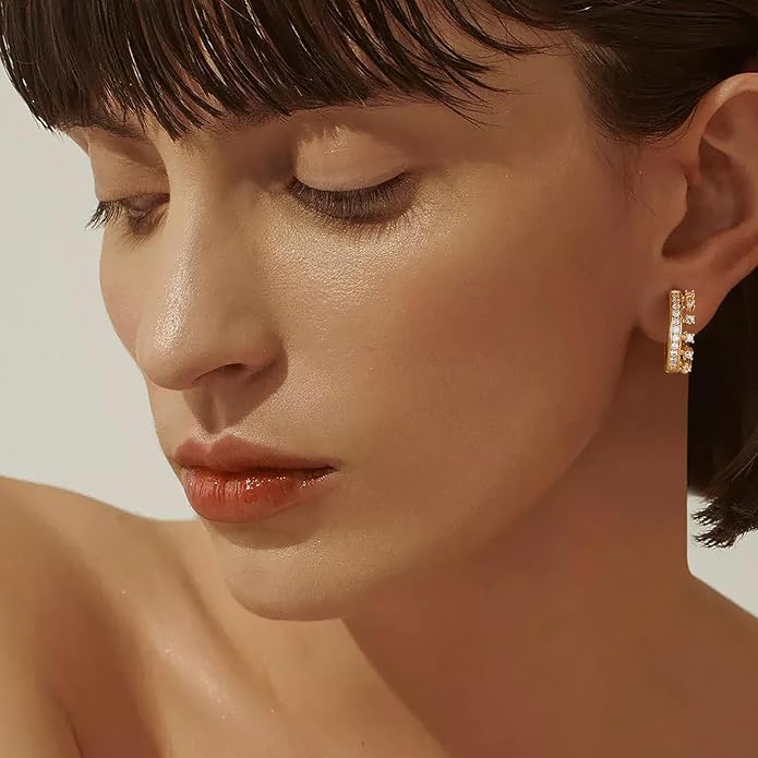 Gold Huggie Hoop Earrings 14K Gold Plated Dainty Chunky Thick Hoop Diamond Cubic Zriconia Inlay Sleeper Tiny Delicate Boho Beach Simple Hypoallergenic Jewelry Gift for Her