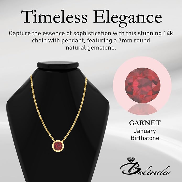 14K Gold Necklace for Women - 7mm Round Natural Gemstone Pendant with 18" Gold Chain - Trendy Birthstone Statement Fine Jewelry - Yellow Gold, Elegant Women's Accessories