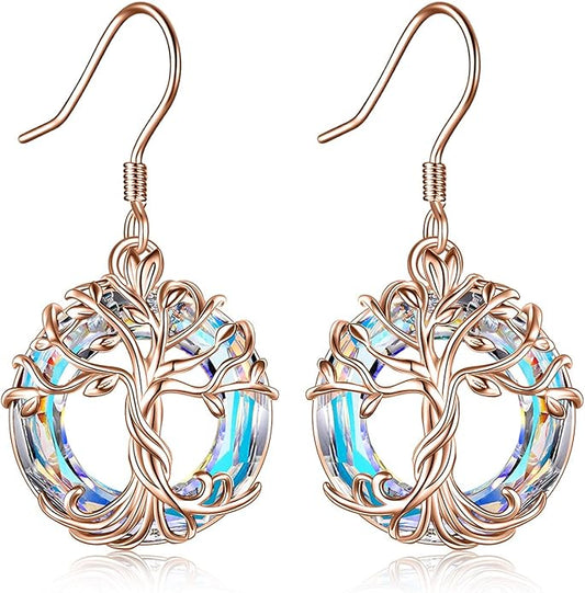 TOUPOP Tree of Life Earrings 925 Sterling Silver Family Tree Dangle Drop Earrings Crystal Jewelry Birthday Christmas Gifts for Women Her