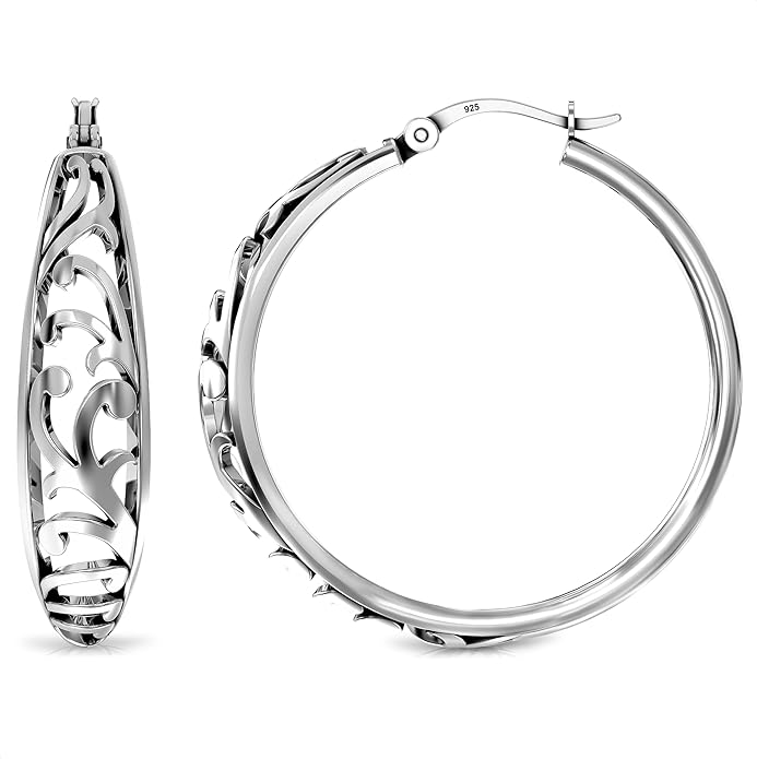 LeCalla 925 Sterling Silver Hoop Earrings for Women | Women's Filigree Hoop Earrings | Antique Oxidized Openwork Mesh Filigree Cut Earring Chunky Hoops | Hypoallergenic Vintage Filigree Oval Hoop Earrings for Women