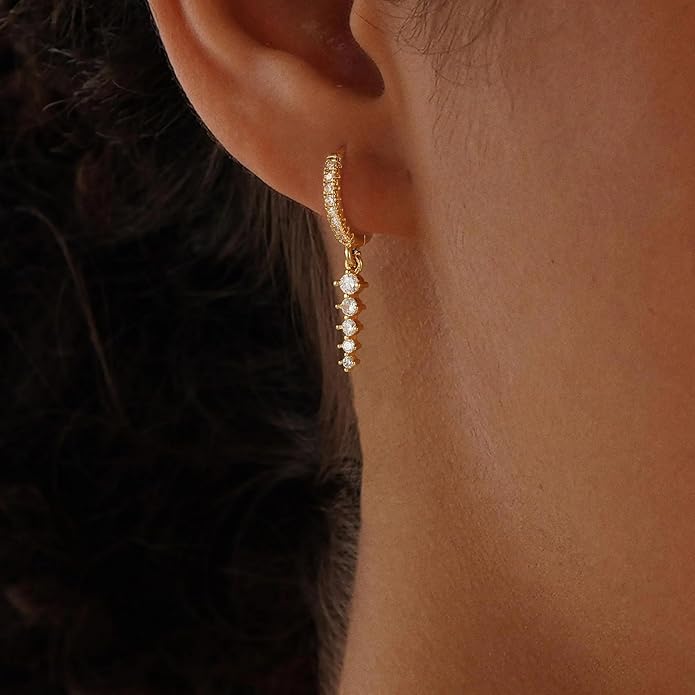 14K Gold Plated Dangle Earrings for Women - Dainty, Trendy, Hypoallergenic CZ Drop Earrings - Simple Long Dangling Jewelry