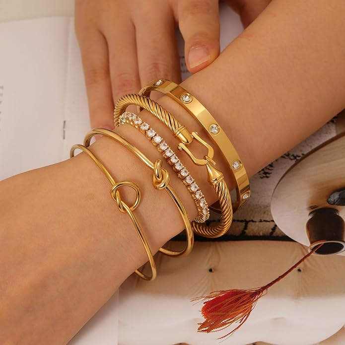 FAFUGA 18 K Gold Plated Love Bangle Bracelet Stack Cuff Jewelry for Women Jewelry Set for Women Gift with Box