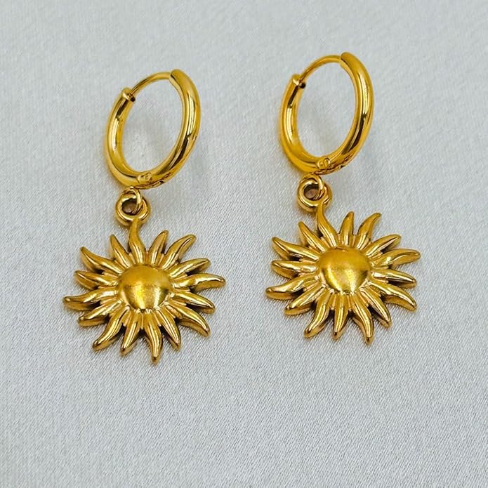 Sunburst Heart Dangle Hoop Earrings, 18K Gold Plated hypoallergenic Stainless Steel Cute Jewelry for Women daily Wear