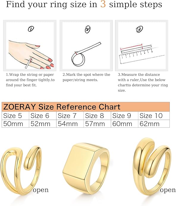ZOERAY Chunky Gold Rings for Women Non Tarnish Trendy 14k Gold Plated Adjustable Signet Band Stackable Thumb Ring Set Open Twist Dome Statement Stacking Rings Jewelry Gifts for Women Size 5-10