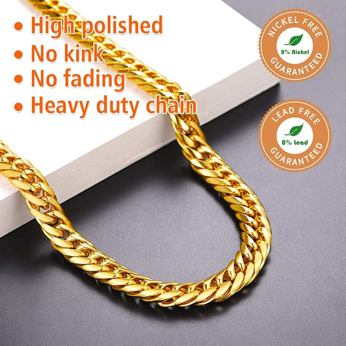 FindChic Men Curb Chain Necklace 18K Gold Plated/Stainless Steel/Black Chunky Double Tight Cuban Link Hip Hop Neck Chains for Men Boys 3.5MM/5MM/6MM/7MM/9MM/12MM 14''-30'' 8 Length Options (Send Gift Box)