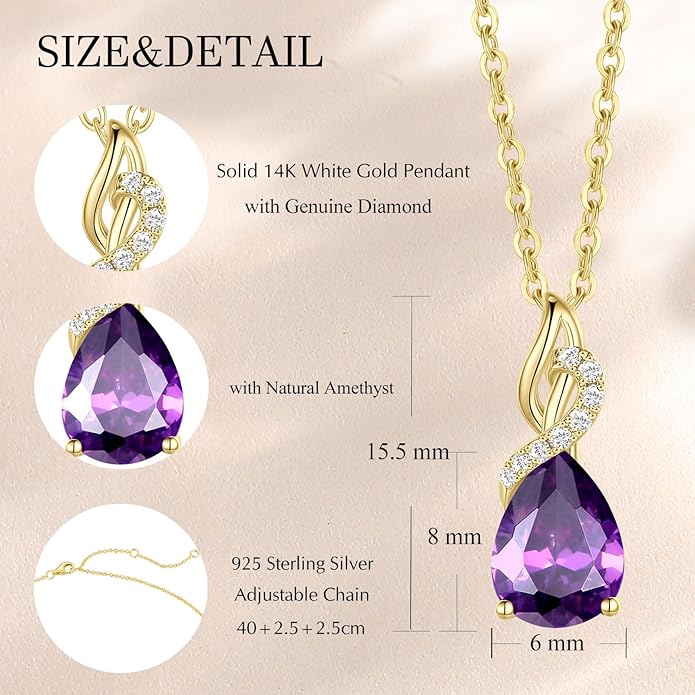 FANCIME 14K Solid Yellow Gold Teardrop Pendant with Diamond Birthstone Necklace Birthday Gifts for Mom Women, Sterling Silver Chain 16" + 2" Extender