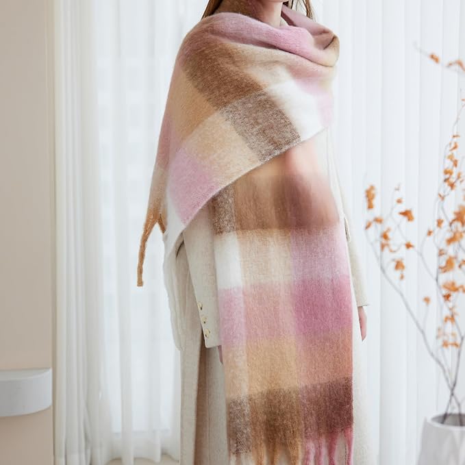 SHOHOKU Large Chunky Plaid Scarf Coloured Checked Oversized Scarf Tassel Soft Fall Winter Thick Warm Shawl Women