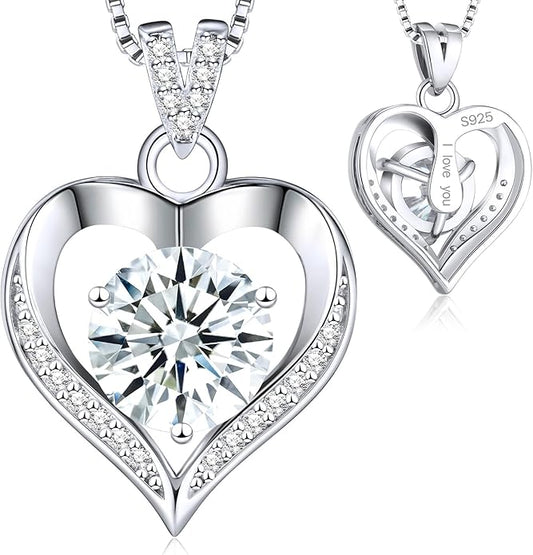 Moissanite Necklace for Women Moissanite Lab Created Diamond Heart Pendant Necklace Sterling Silver 1-3 Carat, Engraved with 'I LOVE YOU', Jewelry Gifts, for Wife, for Girlfriend, for Mom, Birthday Gift, Anniversary Present