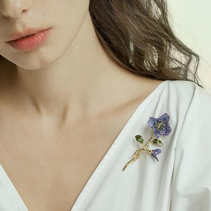 Forget me not Flower Brooch Handmade Gold Thread Embroidered and hand-Drip Enamel leaf, Gradient Botanical Floral Brooch pins for women, SHE'S FREE STYLE JUST FOR YOU [Bencao Gangmu Series]Vintage Plant Jewelry