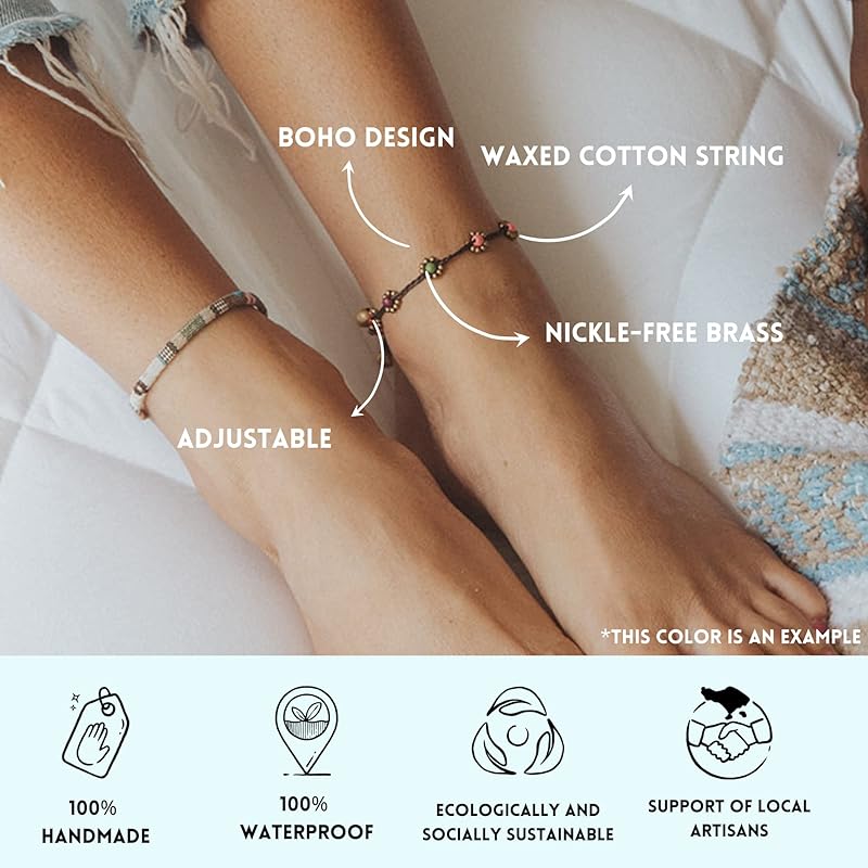 Made by Nami Boho Surfer Anklet Waterproof & Adjustable Beaded Anklets for Women Beachy Ankle Bracelet Made from Waxed Cotton Rope and Beads for Summer and Hippie Style (Turquoise Beads)