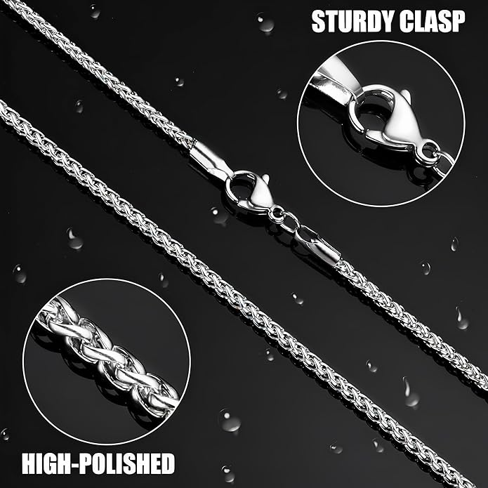 Fiusem Wheat Chains for Men and Women, 2/2.5/3/4/5mm Silver Tone/14K Gold Plated/Black Necklace Chain, Stainless Steel Mens Necklace 16-28 Inch