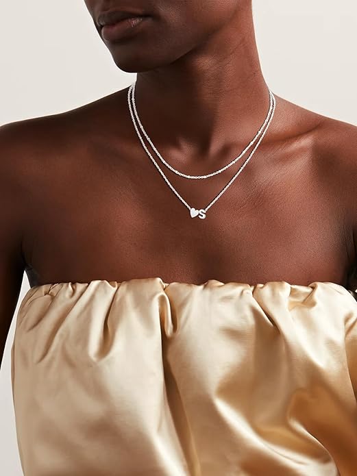 FOCALOOK Layered Initial Necklace for Women, 14K Gold Plated Choker Necklaces Stacks with Initial A-Z, Dainty Silver Heart Pendant Necklace Personalized Birthday Women Jewelry
