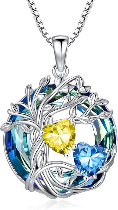TOUPOP s925 Sterling Silver Family Celtic Tree of Life Pendant Necklaces with 2 Heart Birthstone with Blue Austrian Crystal Jewelry Birthday Anniversary Christmas Gifts for Her Wife Girlfriend Mom (18K Real White Gold Filled)