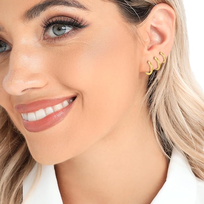 3 Pairs 925 Sterling Silver Hoop Earrings 14K White Gold Plated Small Silver Hoops Cartilage Huggie Earrings for Women Men