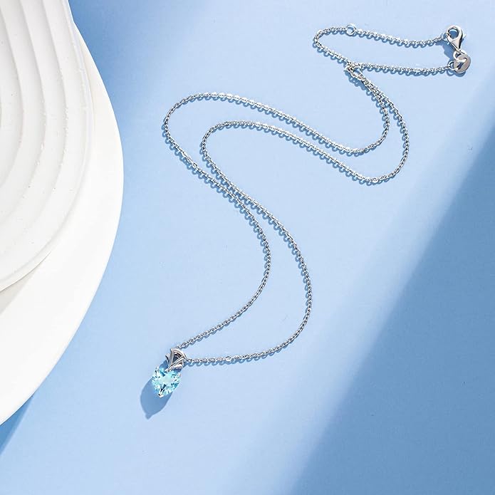 AGVANA Christmas Gifts 14K White Gold Gemstone Pendant with Sterling Silver Chain 8mm Heart Birthstone Necklace for Women Fine Jewelry Anniversary Birthday Gifts for Women Mom Wife Girlfriend Her