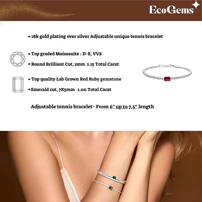 18K White/Yellow Gold Plated Silver Bracelet With Lab Grown Sapphire/Emerald/Ruby Surrounded With Lab Grown Diamond/Moissanite, Bracelet For Women Comes With Gift Box