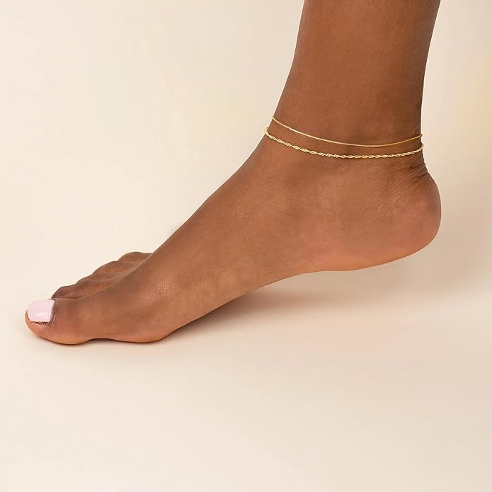 Gold Plated Ankle Bracelets For Women Waterproof,18k Gold Plated Anklets Layered Thin Snake Chain Herringbone Anklets Non Tarnish Stainless Steel Dainty Summer Jewelry Set Gift For Women