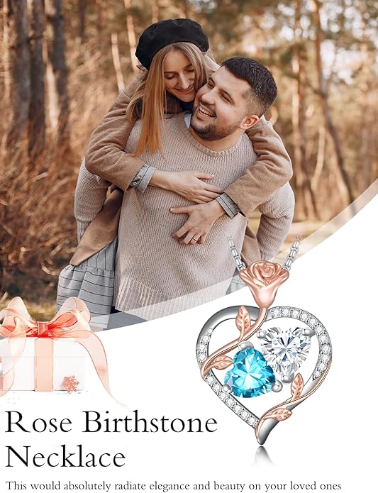 Christmas Gifts for Women Rose Heart Birthstone Pendant Necklace I Love You Forever Jewelry Valentine Mothers Day Birthday Gifts for Women Her Wife Girlfriend