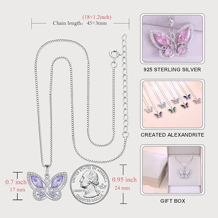 STARCHENIE Butterfly Pendant Necklace for Women 925 Sterling Silver Birthstone Butterfly Jewelry Gifts