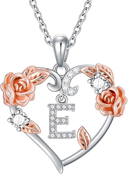 AOBOCO Rose Heart Necklaces Valentines Gifts for Women, 925 Sterling Silver Rose Love Heart Initial Letter Pendant Necklace Jewelry Mothers Day Christmas Birthday Gifts for Her Mom Wife Girlfriend